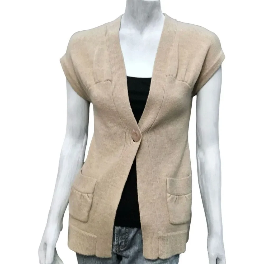 Beth Bowley Beige ButtonUp Minimalist SoftWool Short Sleeve Cardigan Womens S